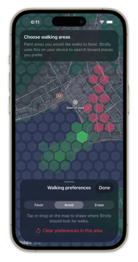 Strolly's walking preferences map with preferred and avoided areas marked.