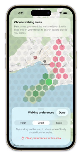Strolly's walking preferences map with preferred and avoided areas marked.