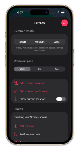 Strolly's movement pace setting with Walk, Jog, and Run options.