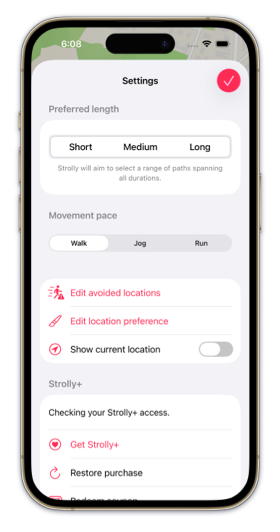 Screenshot of Strolly showing the settings sheet with a custom walk durations picker