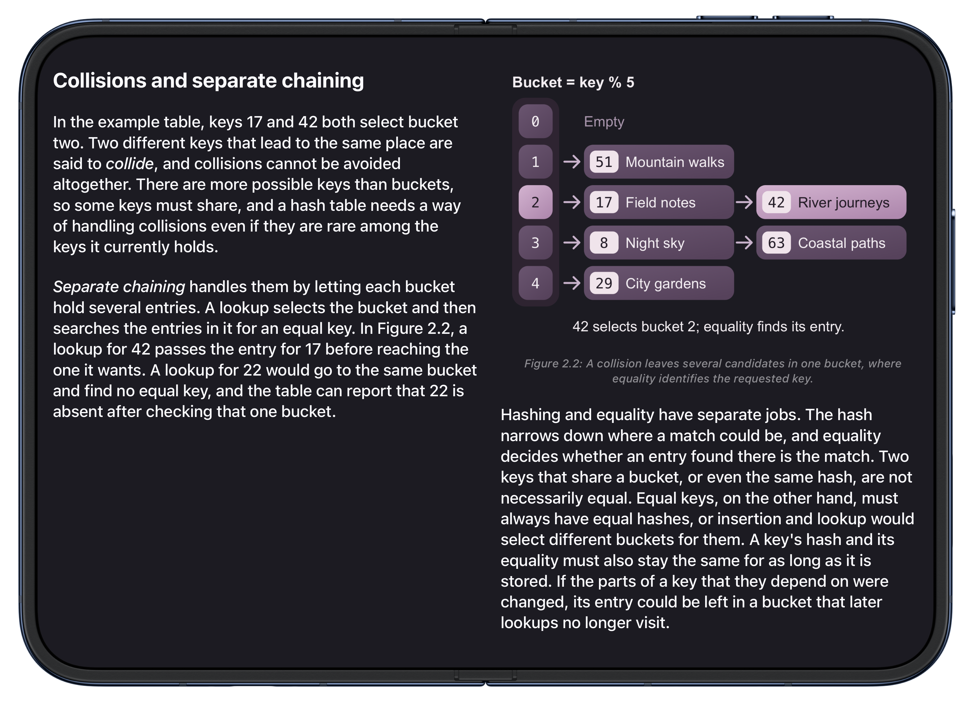 Whio on iPhone Duo in landscape with a dark theme, showing Paths to a Solution with an illustration of a hash table.