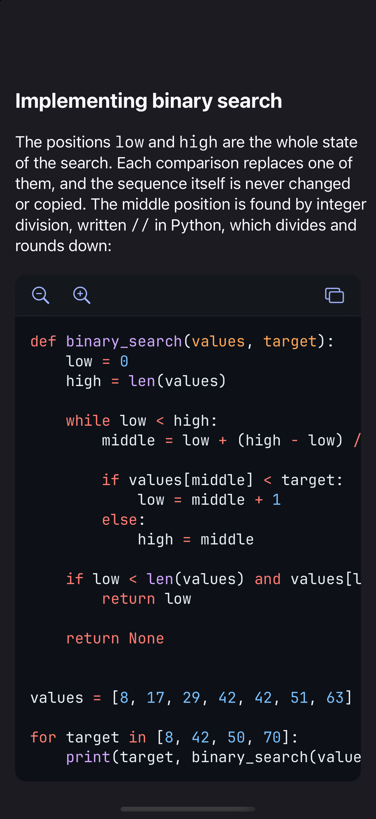 Whio on iPhone in a dark theme, showing a Python binary search function from Paths to a Solution with zoom and copy controls.