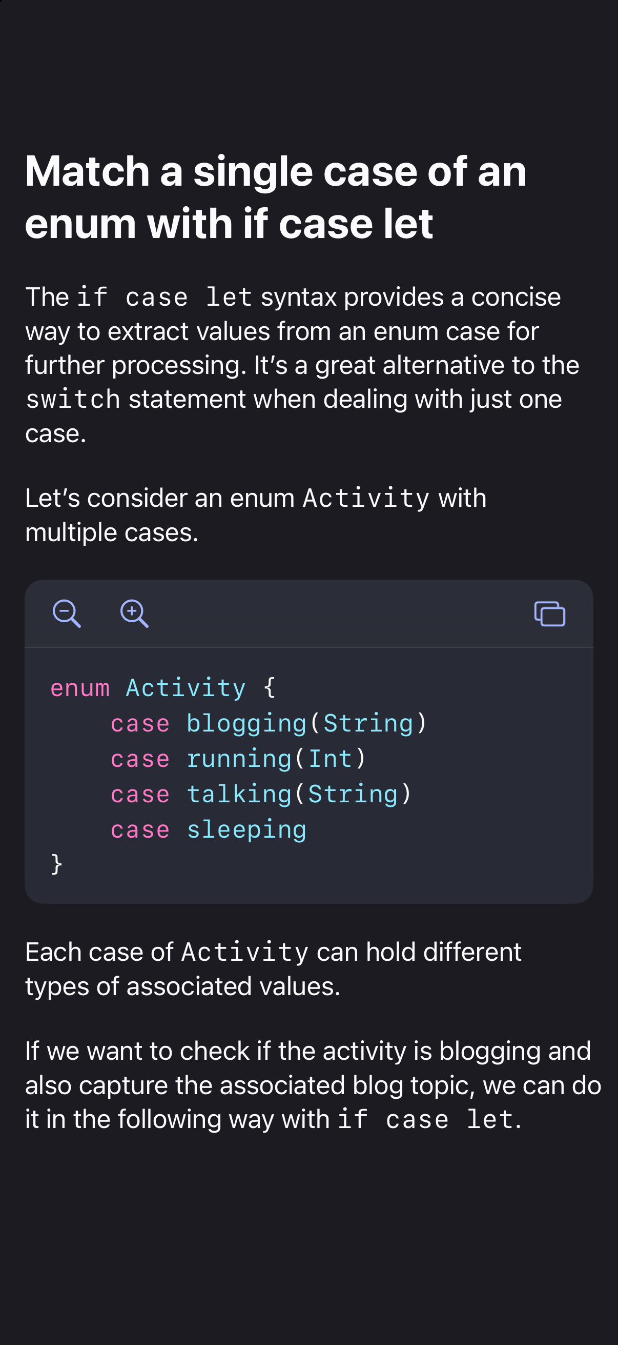 Whio on iPhone in a dark theme, showing a tip from Swift Gems with a highlighted Swift code example.