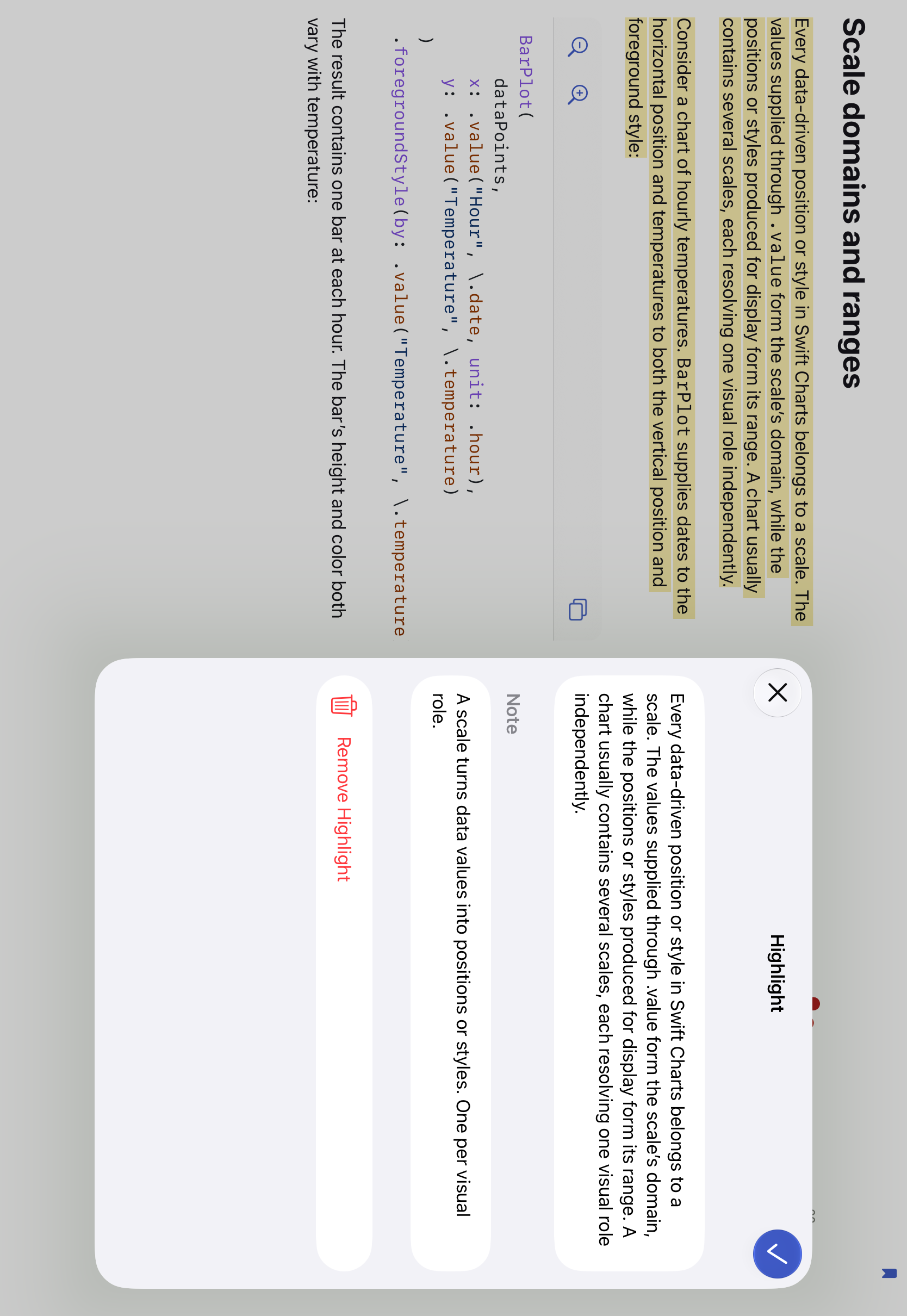 Whio on iPad, showing a highlighted passage in Swift Charts Beyond the Basics with its saved note.