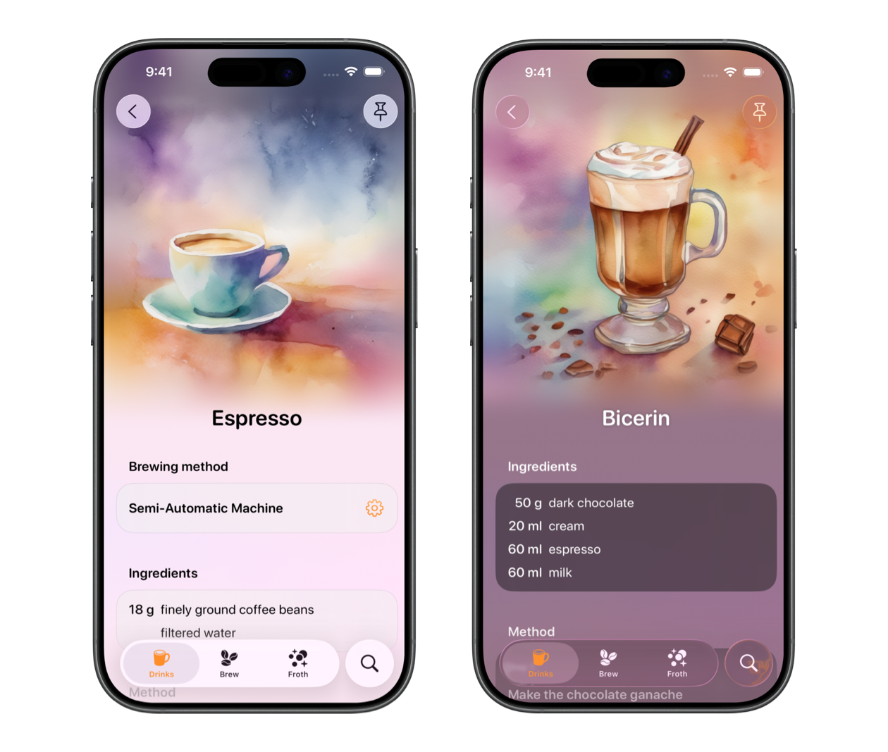 Espresso recipe in light mode and Bicerin recipe in dark mode on iPhone