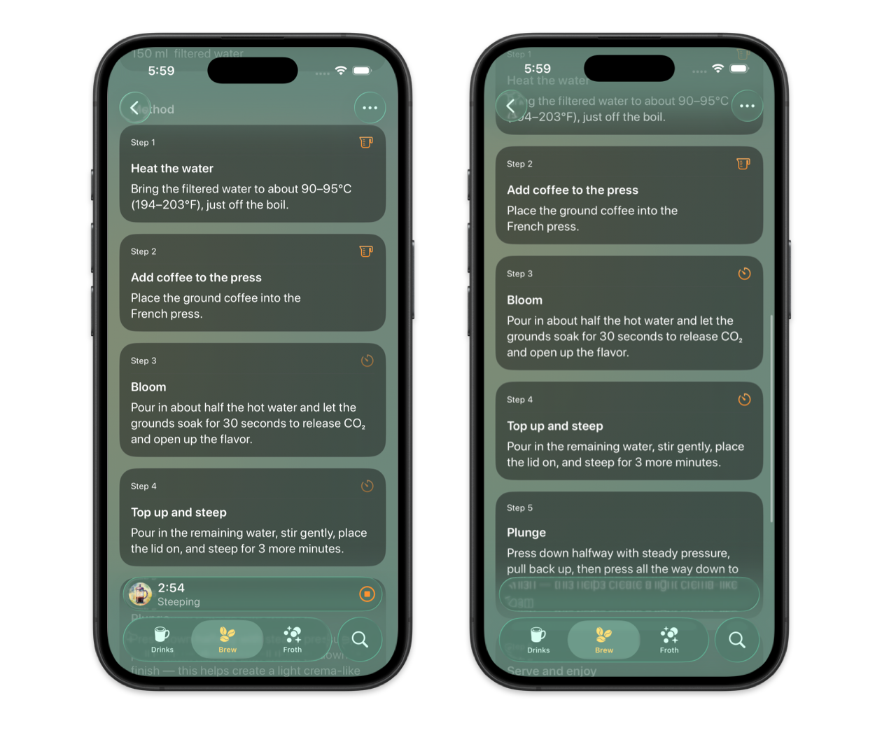 Coffee drink collections in Breve on iPad and a Cortado recipe on iPhone