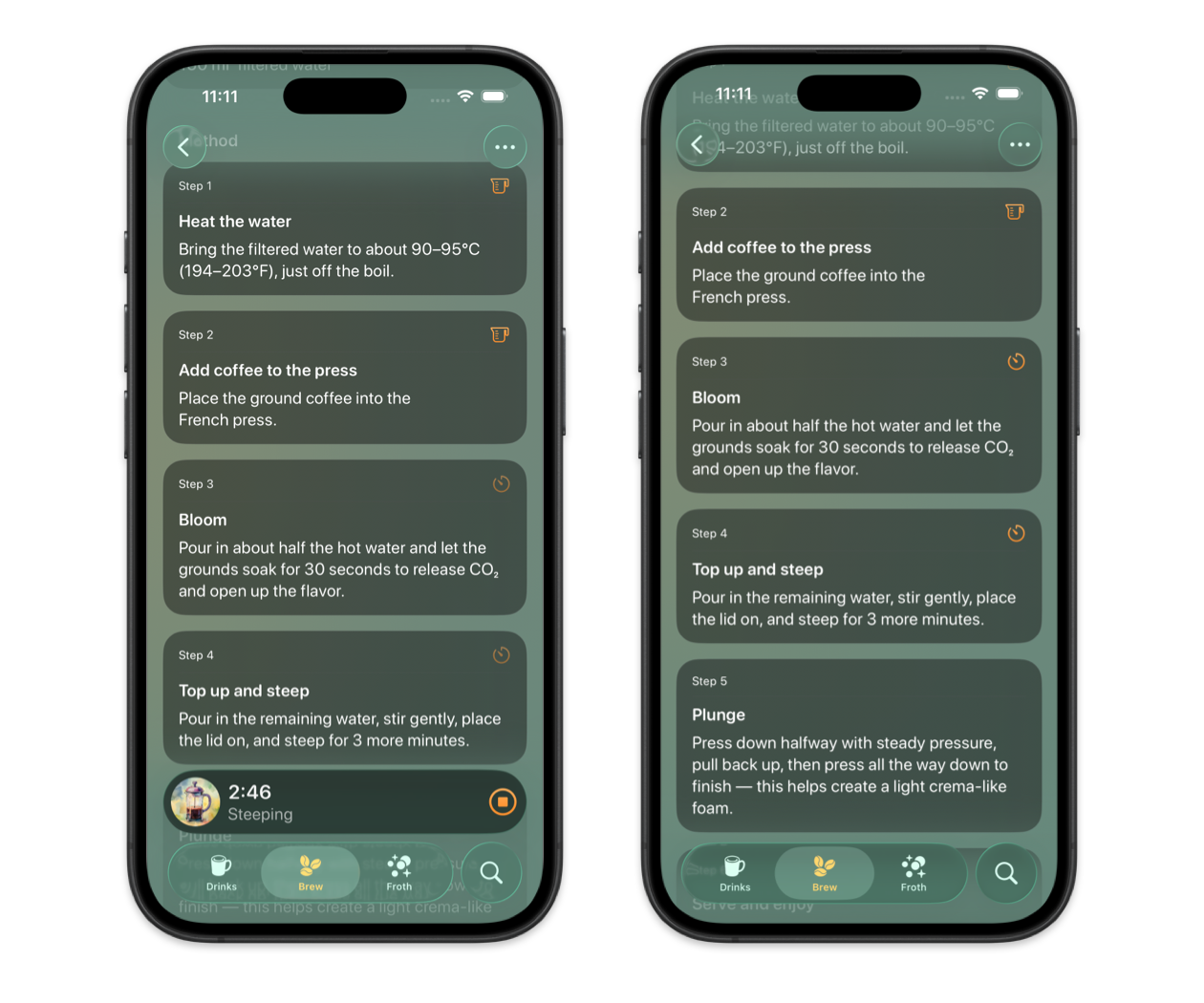 Coffee drink collections in Breve on iPad and a Cortado recipe on iPhone