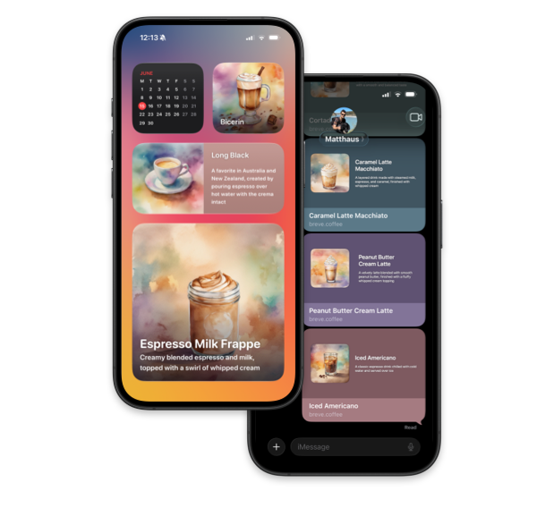 Breve Home Screen widgets and shared coffee recipes in Messages