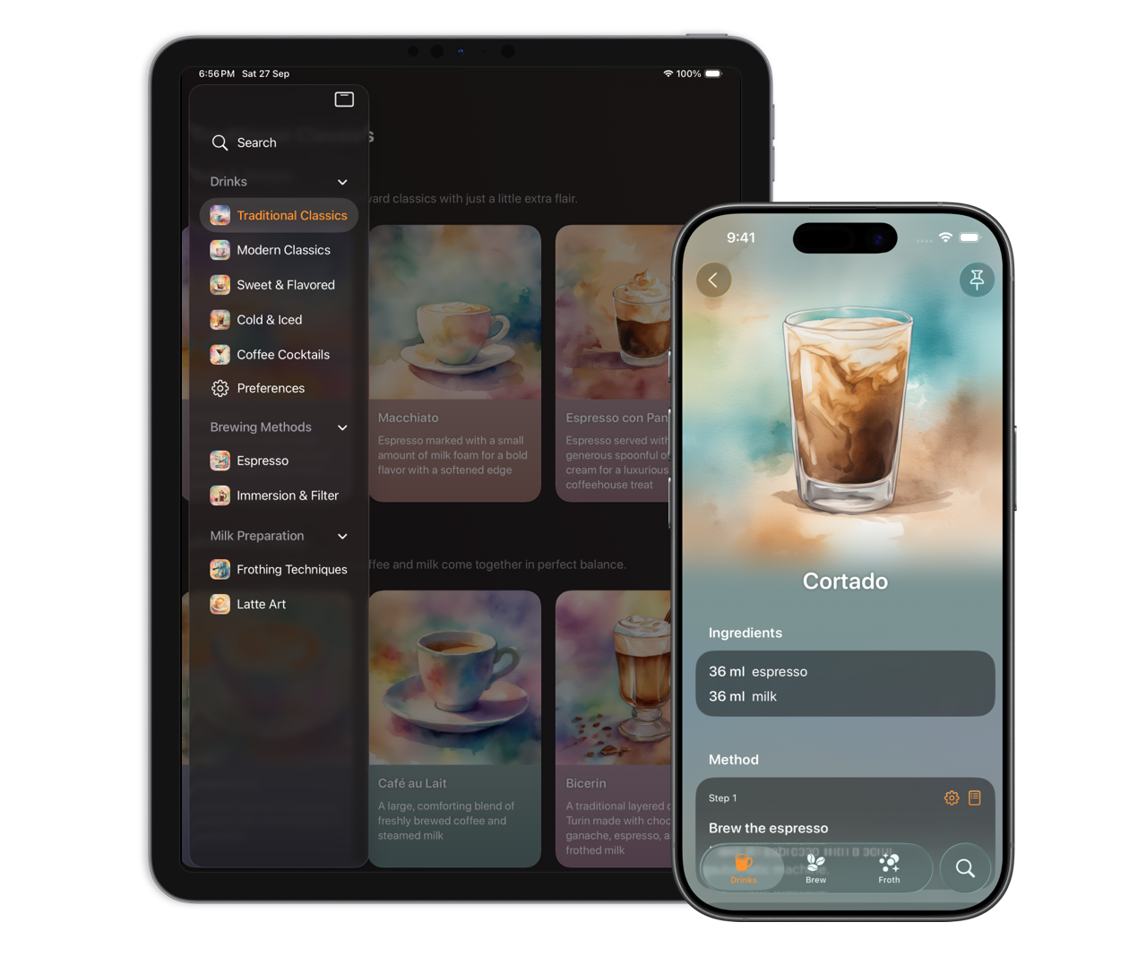 Coffee drink collections in Breve on iPad and a Cortado recipe on iPhone