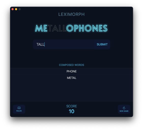 Screenshot of LexiMorph highlighting available letters and dimming used letters during word input