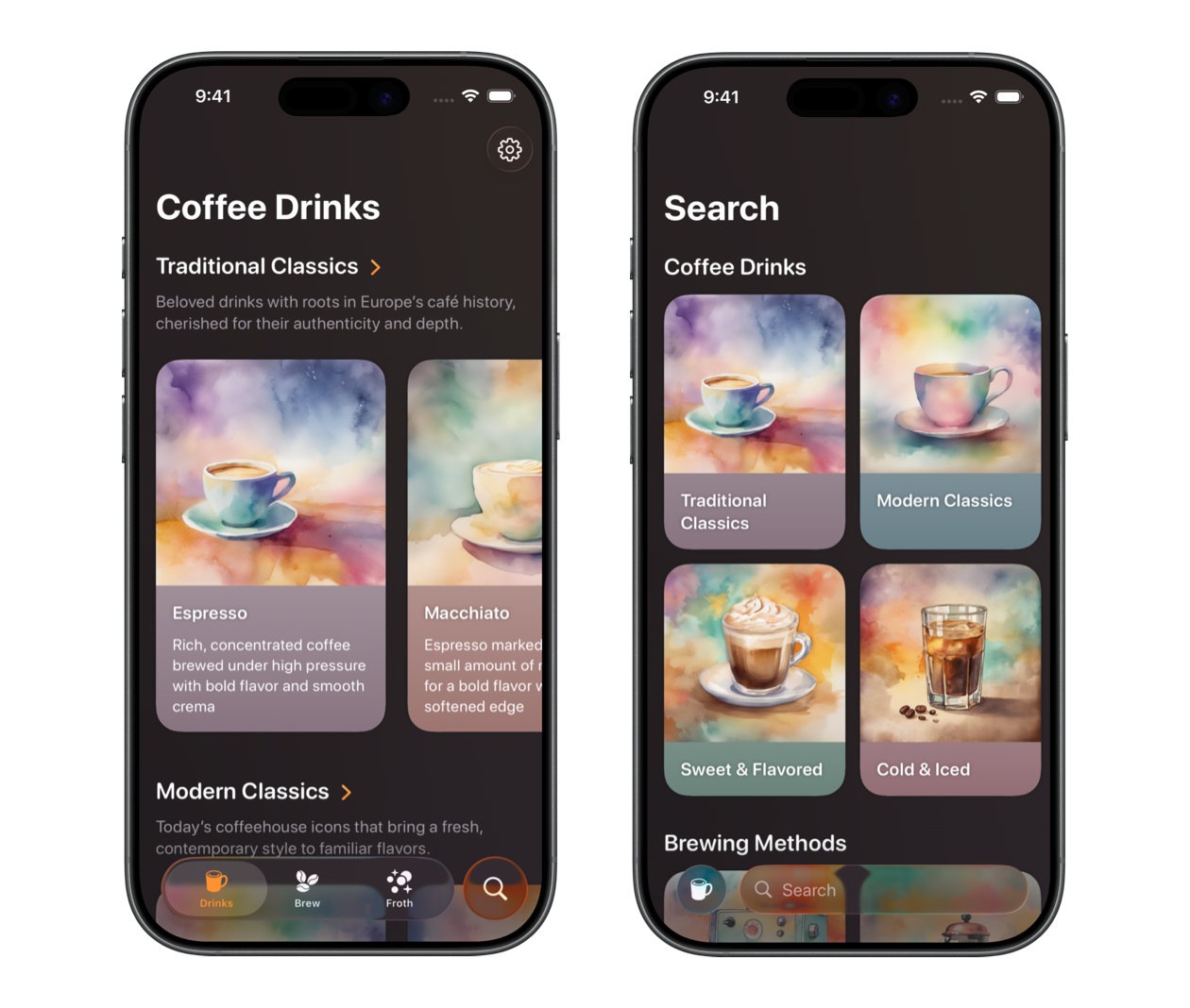 Tab view and search tab in Breve on iPhone