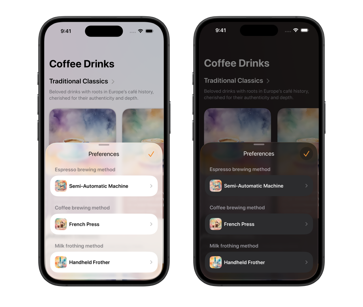 Liquid Glass Preferences sheet in light and dark mode