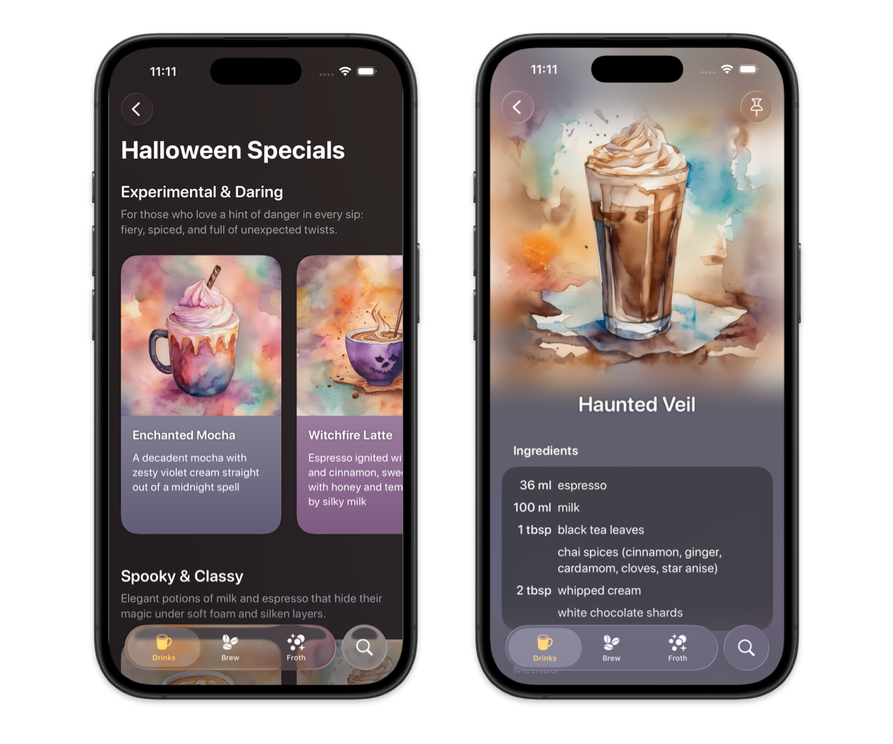 Coffee drink collections in Breve on iPad and a Cortado recipe on iPhone