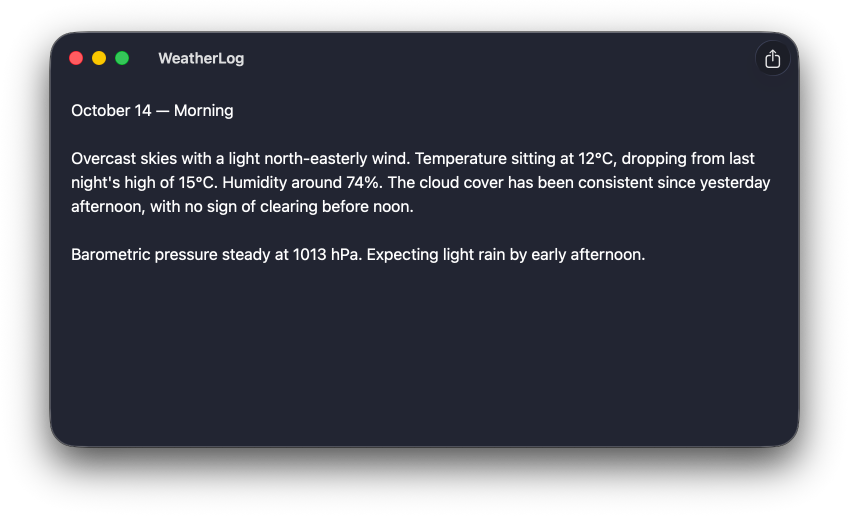 A macOS window showing the WeatherLog app with dark indigo background stretching into the toolbar area