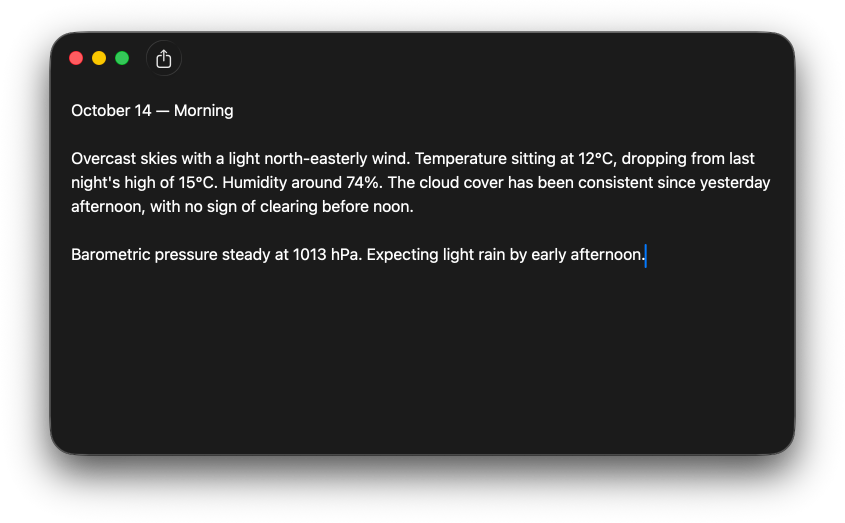 A macOS window showing the WeatherLog app without the window title, toolbar background and toolbar separator