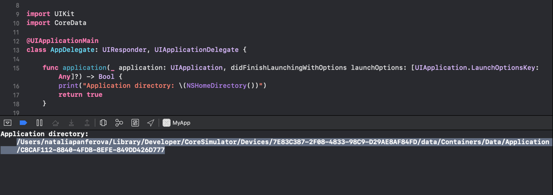 Xcode screenshot with the path to the app folder printed in the console