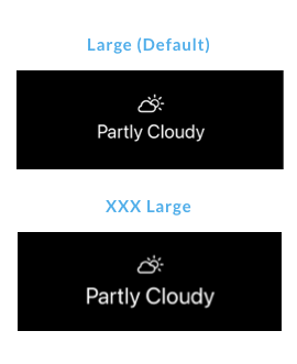 Comparison of a weather icon and text at Large (Default) and XXX Large Dynamic Type sizes, showing that the text scales up while the icon remains the same size