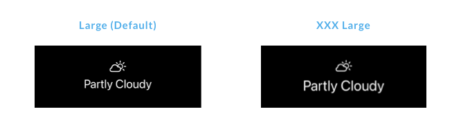 Comparison of a weather icon and text at Large (Default) and XXX Large Dynamic Type sizes, showing that the text scales up while the icon remains the same size