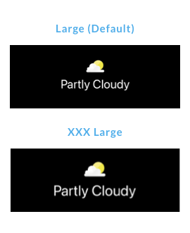 Comparison of a custom weather icon and text at Large (Default) and XXX Large Dynamic Type sizes, showing that both the image and text scale proportionally