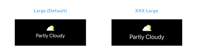 Comparison of a custom weather icon and text at Large (Default) and XXX Large Dynamic Type sizes, showing that both the image and text scale proportionally