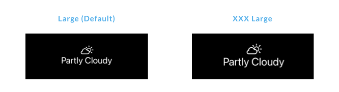 Comparison of a weather icon and text at Large (Default) and XXX Large Dynamic Type sizes, showing how both elements scale proportionally