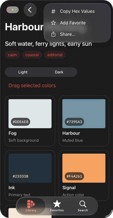 The automatic overflow menu showing Copy Hex Values, Add Favorite and Share