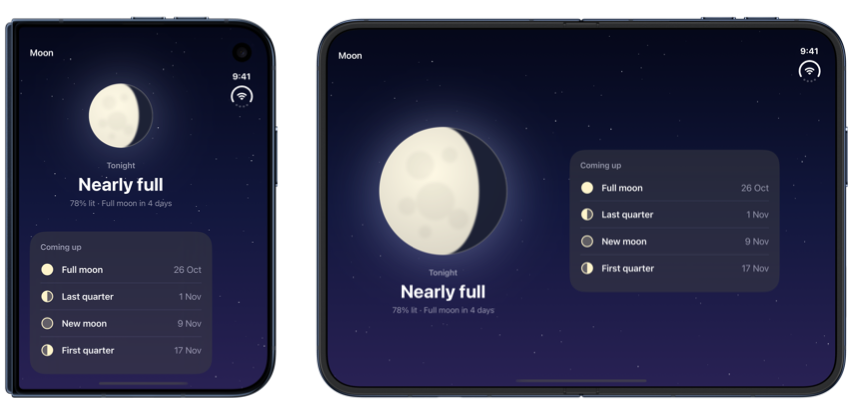 The same moon phase screen on both displays of iPhone Duo: tonight's moon above the list of upcoming phases on the outer display, and the two side by side on the open inner display