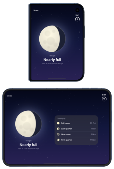 Tonight's moon alone on the outer display of iPhone Duo and beside the list of upcoming phases on the open inner display, produced by the custom style