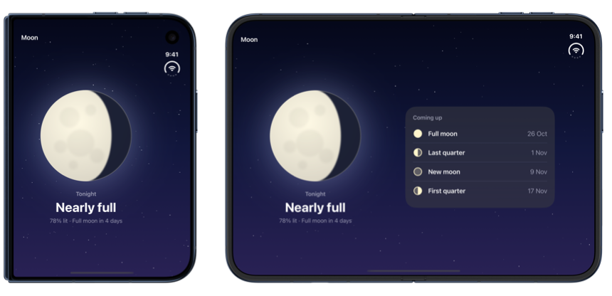 Tonight's moon alone on the outer display of iPhone Duo and beside the list of upcoming phases on the open inner display, produced by the custom style
