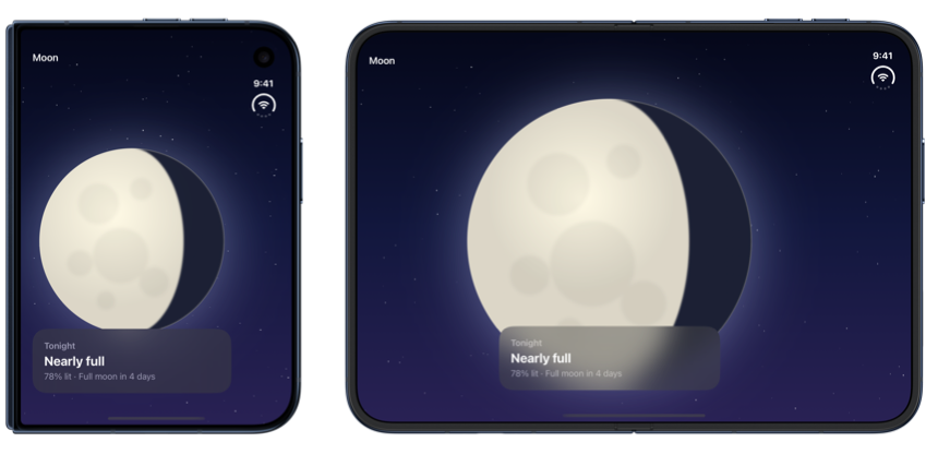 A card with tonight's details layered over a large moon on the outer display and on the open inner display of iPhone Duo