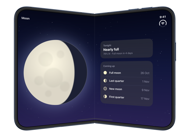 The partially folded inner display of iPhone Duo with the moon on the leading side of the fold and, on the trailing side, the card expanded to include the list of upcoming phases