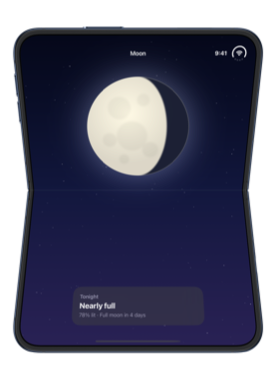 iPhone Duo partially folded with the fold running horizontally, showing the moon above the fold and the card with tonight's details below it