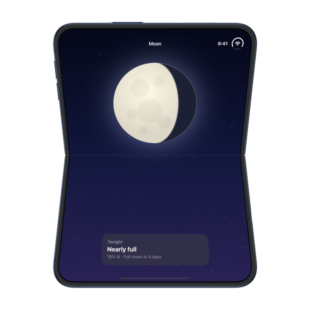 iPhone Duo partially folded with the fold running horizontally, showing the moon above the fold and the card with tonight's details below it