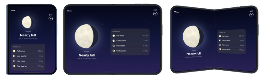 The same moon phase screen on iPhone Duo's outer display, open inner display and partially folded inner display, arranged differently in each