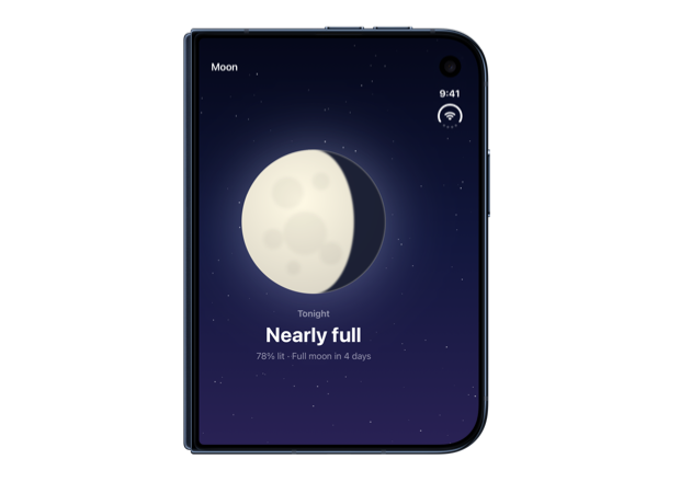 The outer display of iPhone Duo showing only tonight's moon, because the split is limited to the horizontal axis
