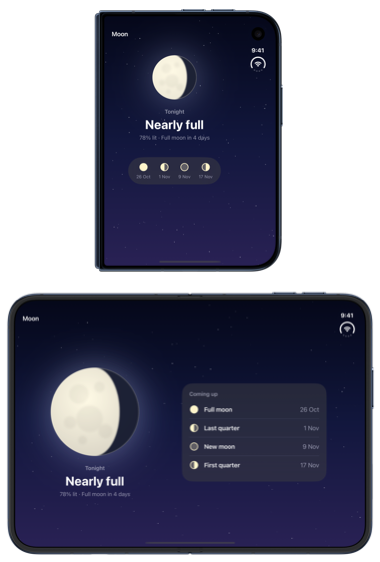 A compact strip of upcoming phases below tonight's moon on the outer display of iPhone Duo, and the full list beside the moon on the open inner display