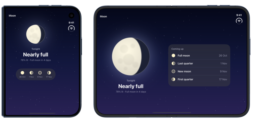 A compact strip of upcoming phases below tonight's moon on the outer display of iPhone Duo, and the full list beside the moon on the open inner display