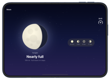 The open inner display of iPhone Duo with a compact strip of upcoming phases keeping its own width beside a larger area for tonight's moon
