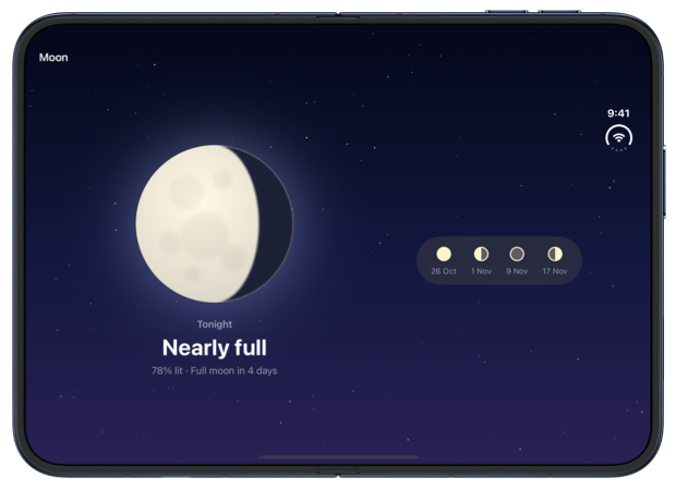 The open inner display of iPhone Duo with a compact strip of upcoming phases keeping its own width beside a larger area for tonight's moon