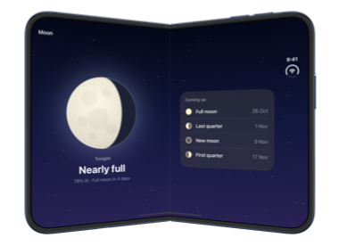 The partially folded inner display of iPhone Duo with the moon and the list of upcoming phases sized to the two sides of the fold despite the 40 percent ratio
