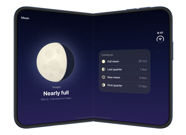 The partially folded inner display of iPhone Duo with the moon and the list of upcoming phases sized to the two sides of the fold despite the 40 percent ratio