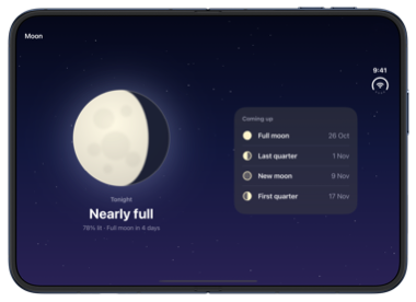 The open inner display of iPhone Duo with the list of upcoming phases taking 40 percent of the width and tonight's moon the rest