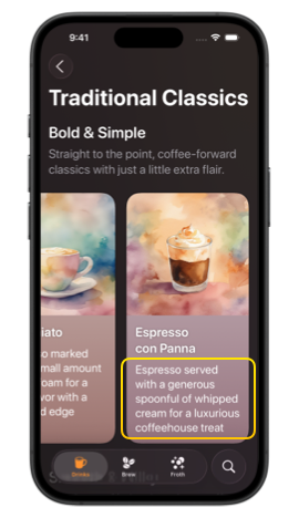 iPhone screen showing a scroll view with coffee drink cards where the drink description is fully visible