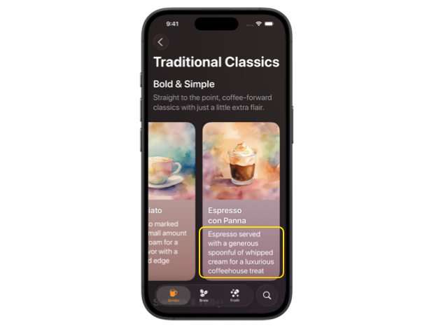 iPhone screen showing a scroll view with coffee drink cards where the drink description is fully visible