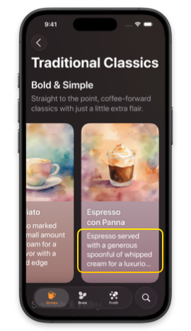 iPhone screen showing a scroll view with coffee drink cards where the drink description is truncated