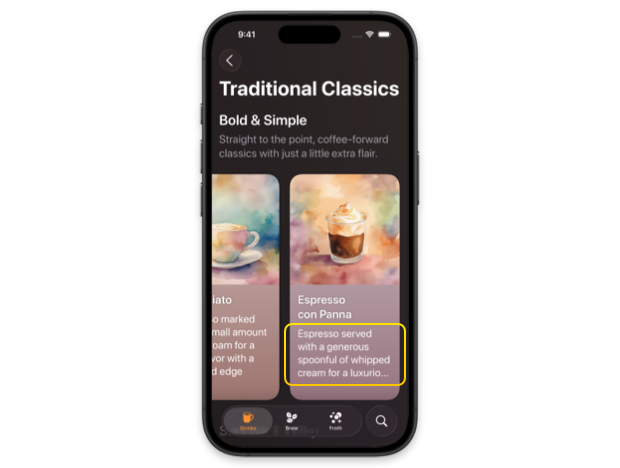iPhone screen showing a scroll view with coffee drink cards where the drink description is truncated