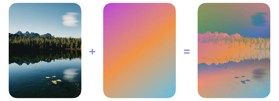 A nature photograph and a purple, orange and cyan gradient followed by the bold inversion-like color treatment produced using exclusion