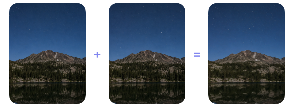 Two aligned night-sky photographs with stars in different positions followed by their lighten blend containing the stars from both frames