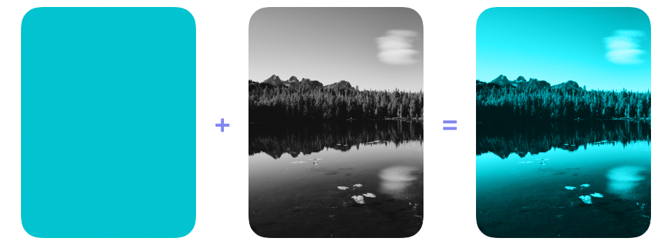 A teal layer and a grayscale nature photograph followed by the teal colorization produced using luminosity