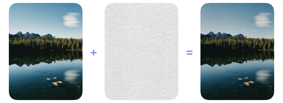 A nature photograph and a white paper texture followed by the photograph with the texture applied using multiply